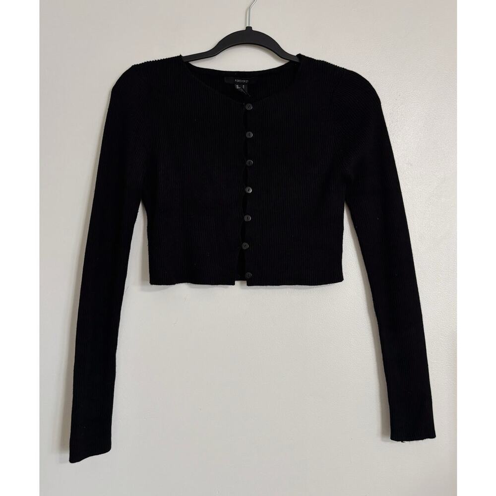 Black Forever 21 Ribbed Cropped Button Down Cardigan M